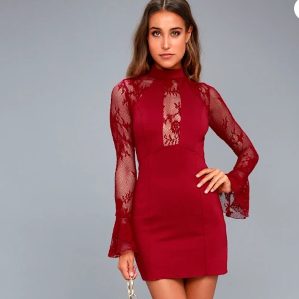 Free People It's Now or Never Wine Red Lace Bodycon Dress - Picture 1 of 7